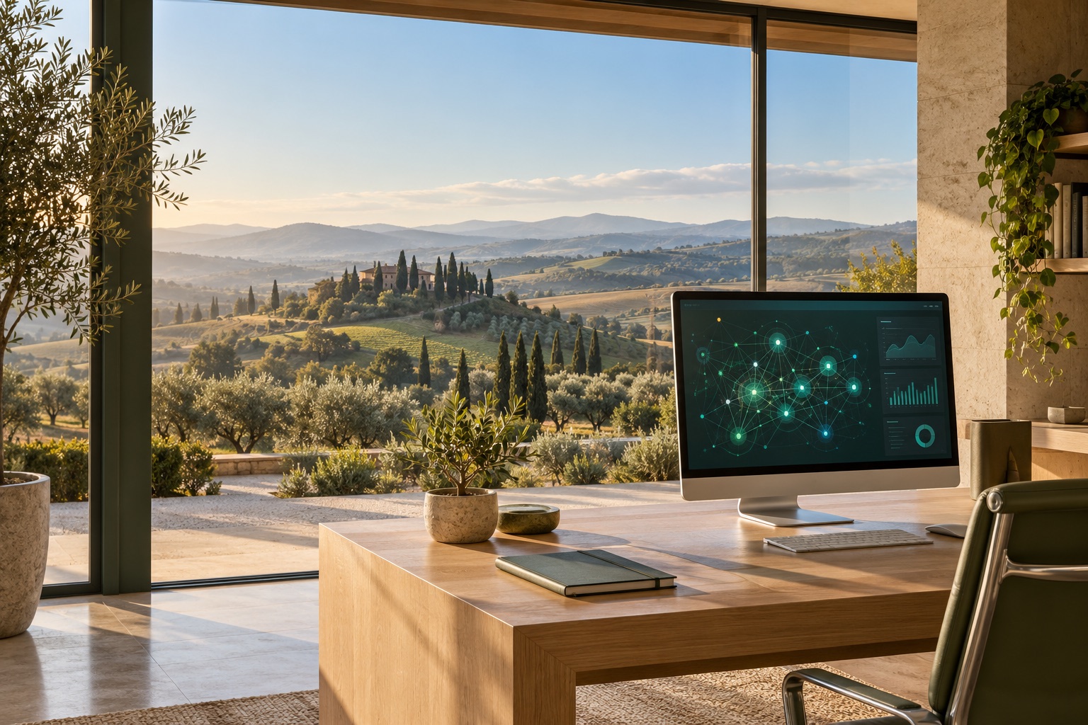Scena concettuale di un ufficio affacciato sulle colline toscane, con una visualizzazione di intelligenza artificiale sul monitor.